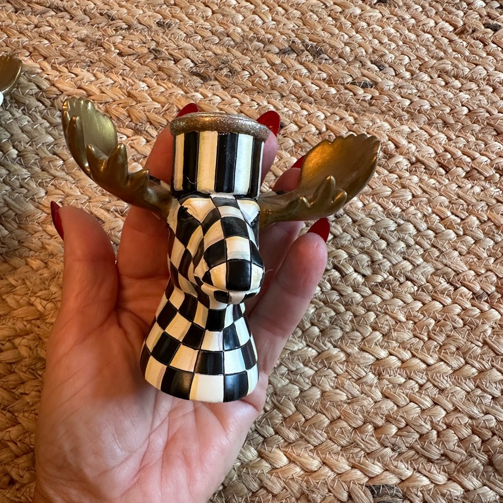 MacKenzie-Childs Black and White Checkered Candle Holders with Gold Wings - Picture 8 of 11